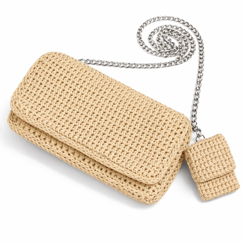 Ava mini-bag con portamonete all'uncinetto beige con catena argentata