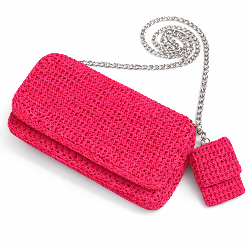 Ava mini-bag con portamonete all'uncinetto fucsia con catena argentata
