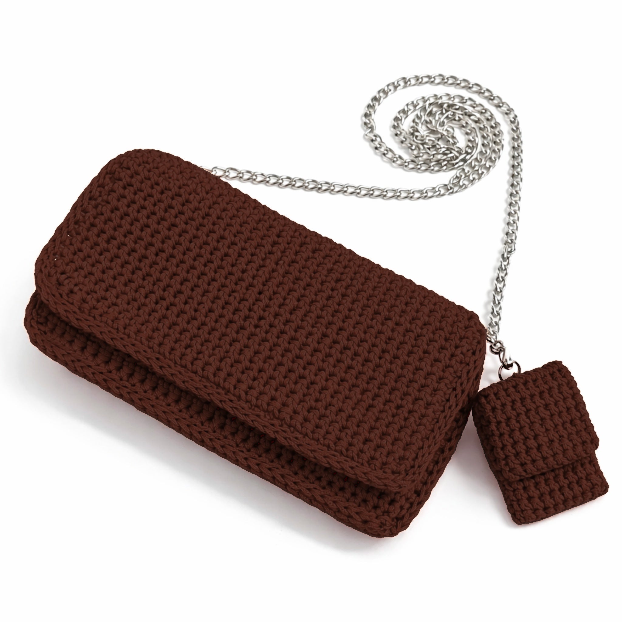 Ava mini-bag con portamonete all'uncinetto marrone cuoio con catena argentata