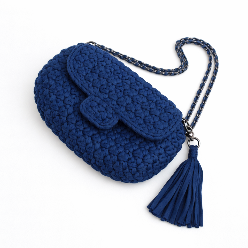 borsa uncinetto elegante Ella blu con catena e nappa vista frontale