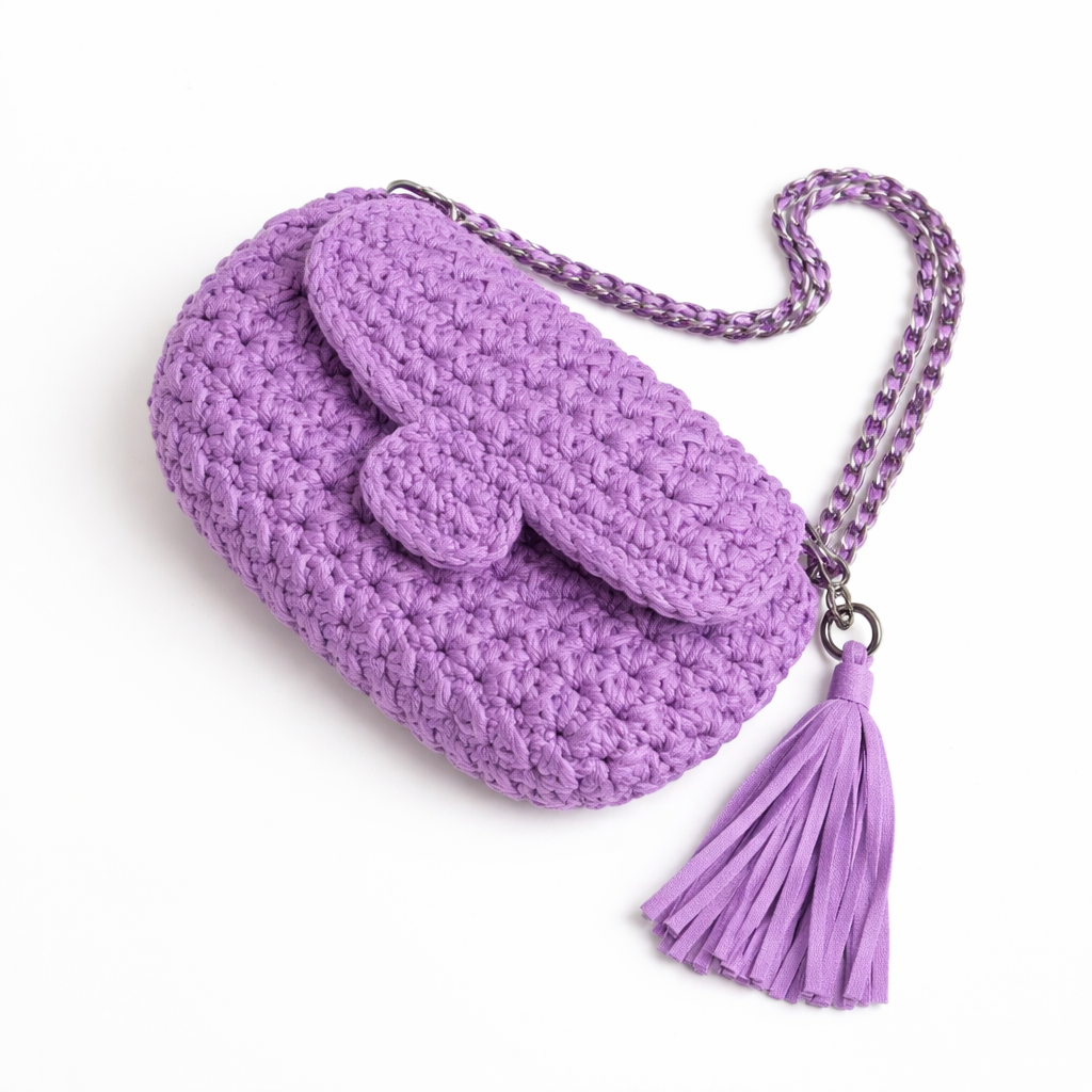 borsa uncinetto elegante Ella lilla con catena e nappa vista frontale