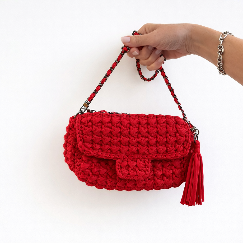 borsa uncinetto elegante Ella rossa indossata a mano con catena intrecciata