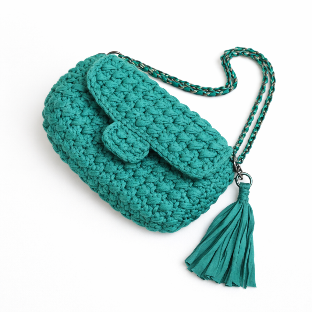 borsa uncinetto elegante Ella verde malachite con catena e nappa vista frontale
