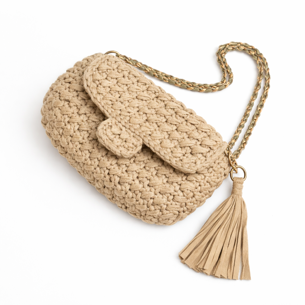 borsa uncinetto elegante Ella beige con catena e nappa vista frontale