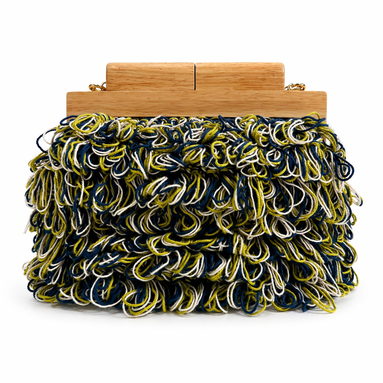 talia - clutch artigianale variante blu oliva avorio  manico in legno chiaro perle in legno naturale
