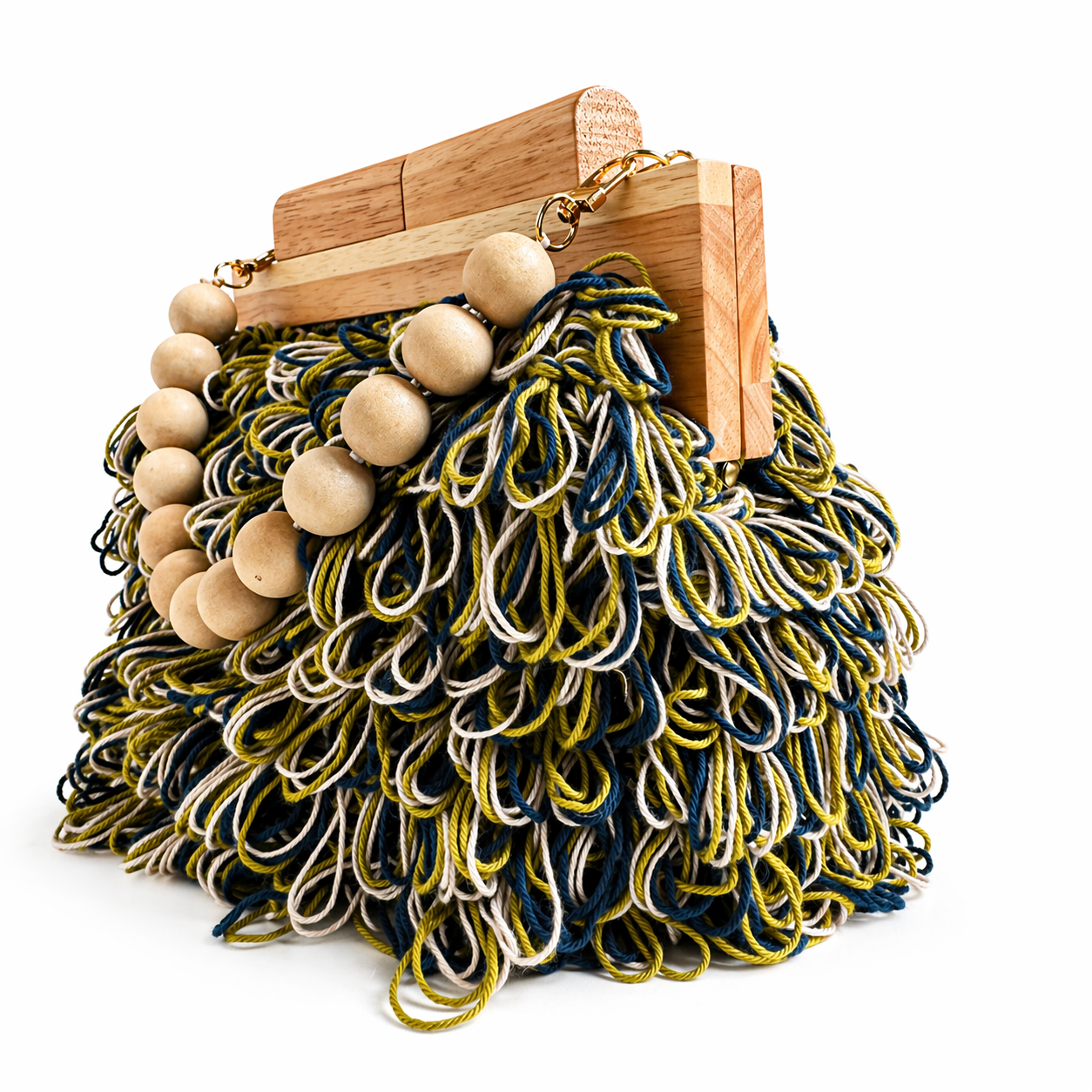  Talia  clutch artigianale  variante blu oliva avorio  manico in legno chiaro - perle in legno naturale  vista laterale