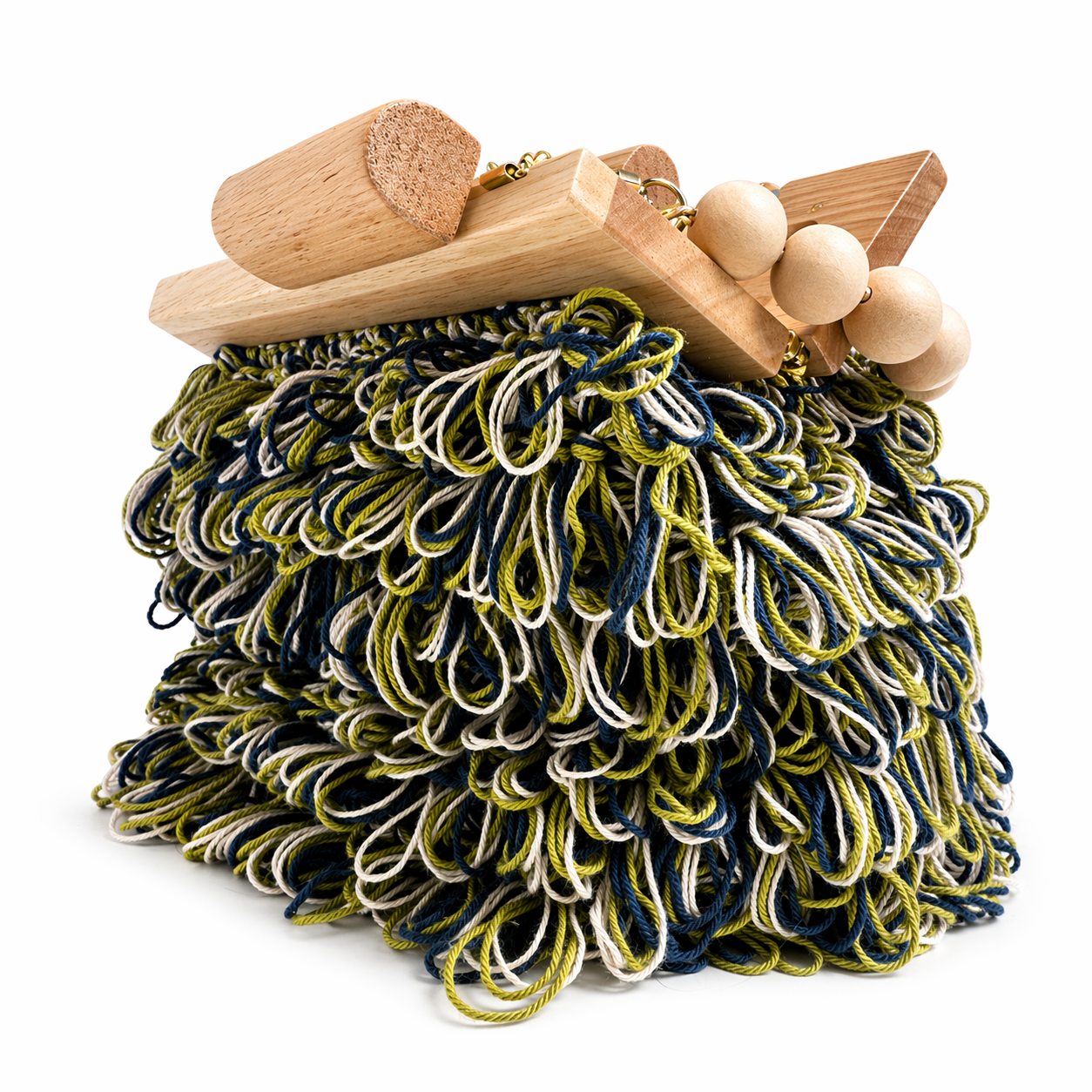 Talia - clutch uncinetto variante blu oliva avorio  vista laterale aperta con manico in legno chiaro