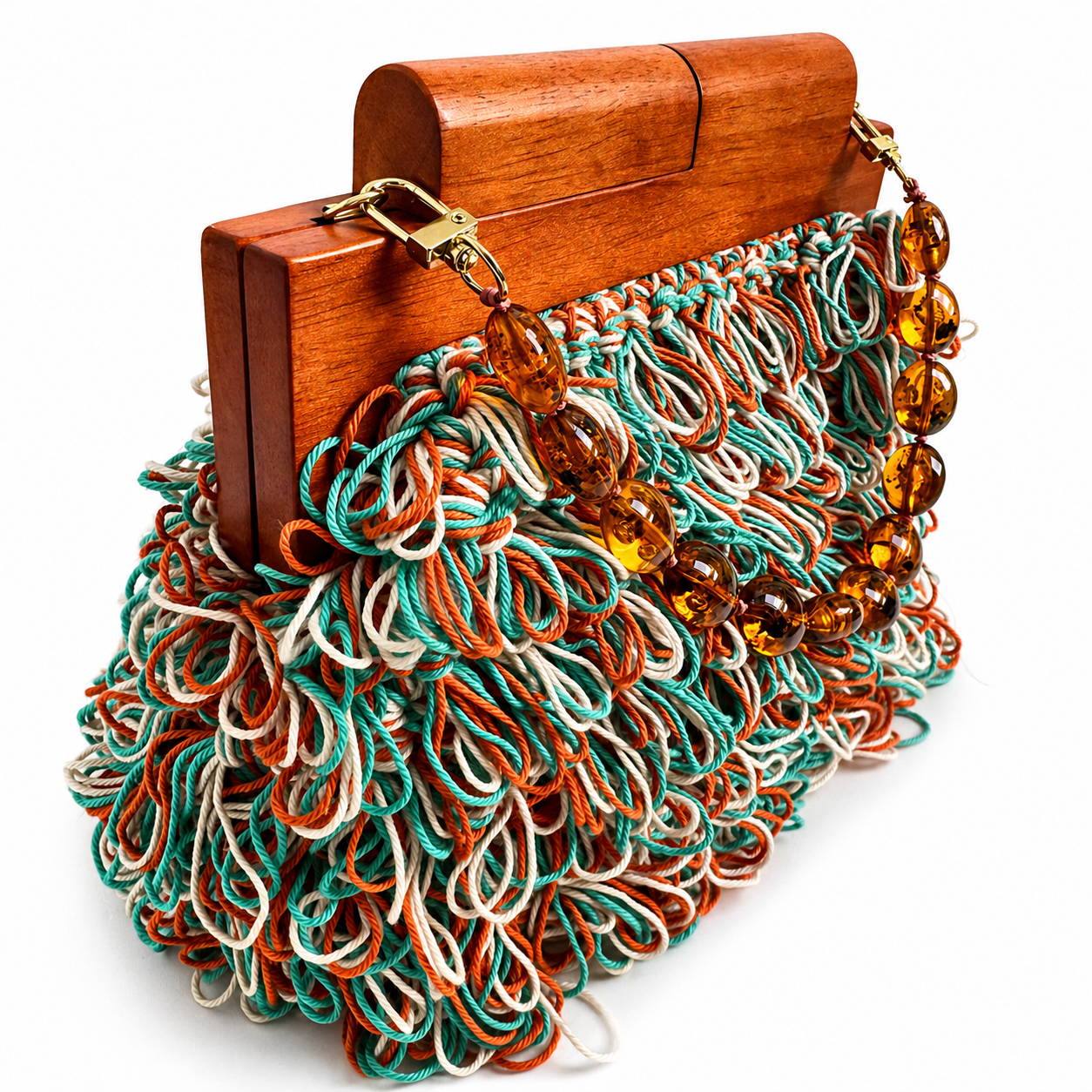 Talia clutch uncinetto  variante arancio acqua avorio  dettaglio texture loop uncinetto e perle ambrate