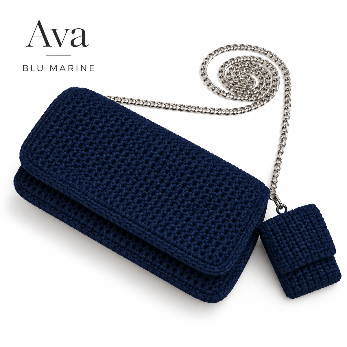 Borsa Ava all'uncinetto color blu marine con tracolla a catena
