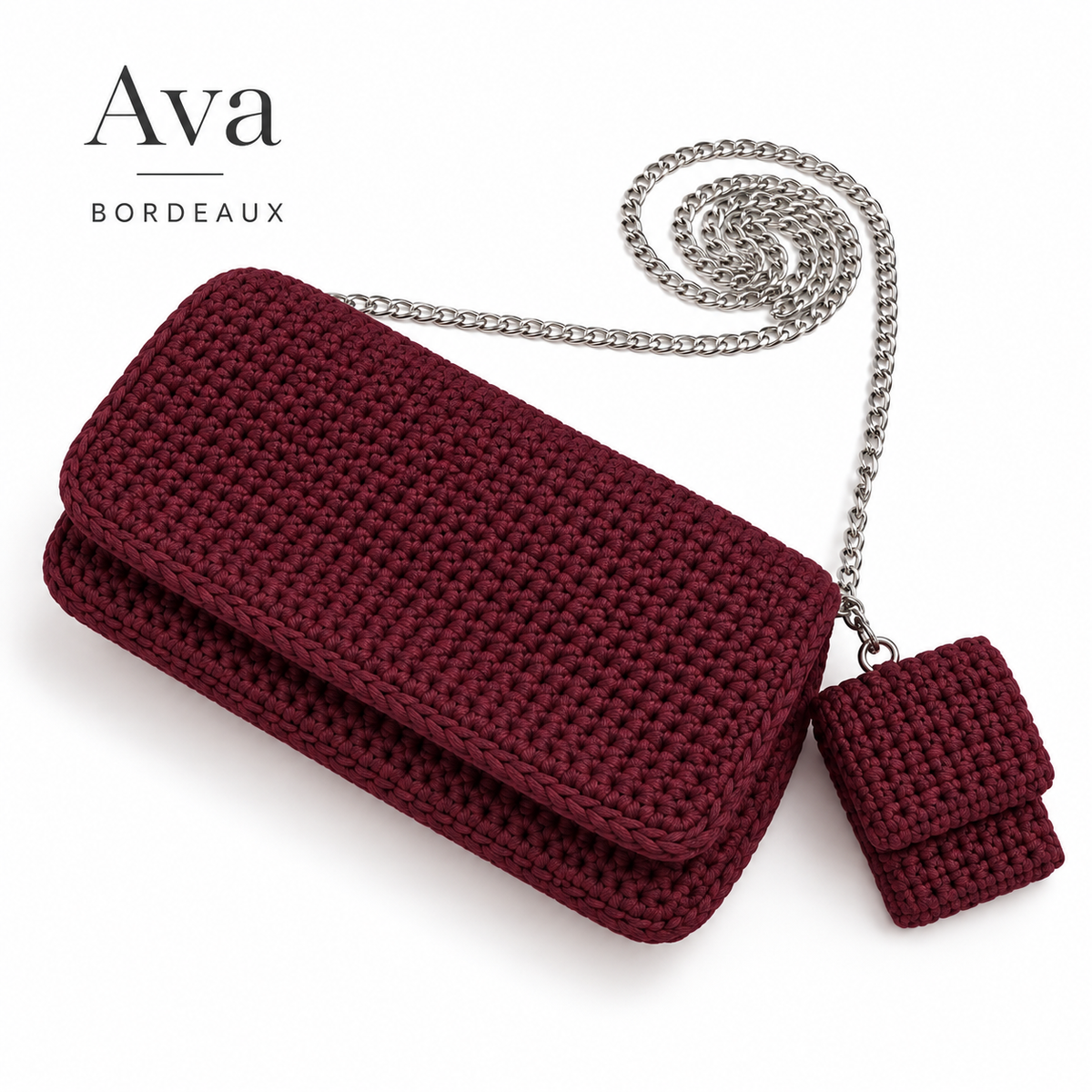 Borsa Ava all'uncinetto color bordeaux con tracolla a catena