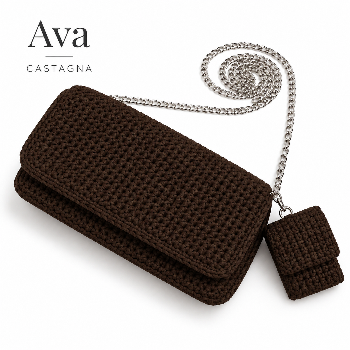 Borsa Ava all'uncinetto color castagna con tracolla a catena