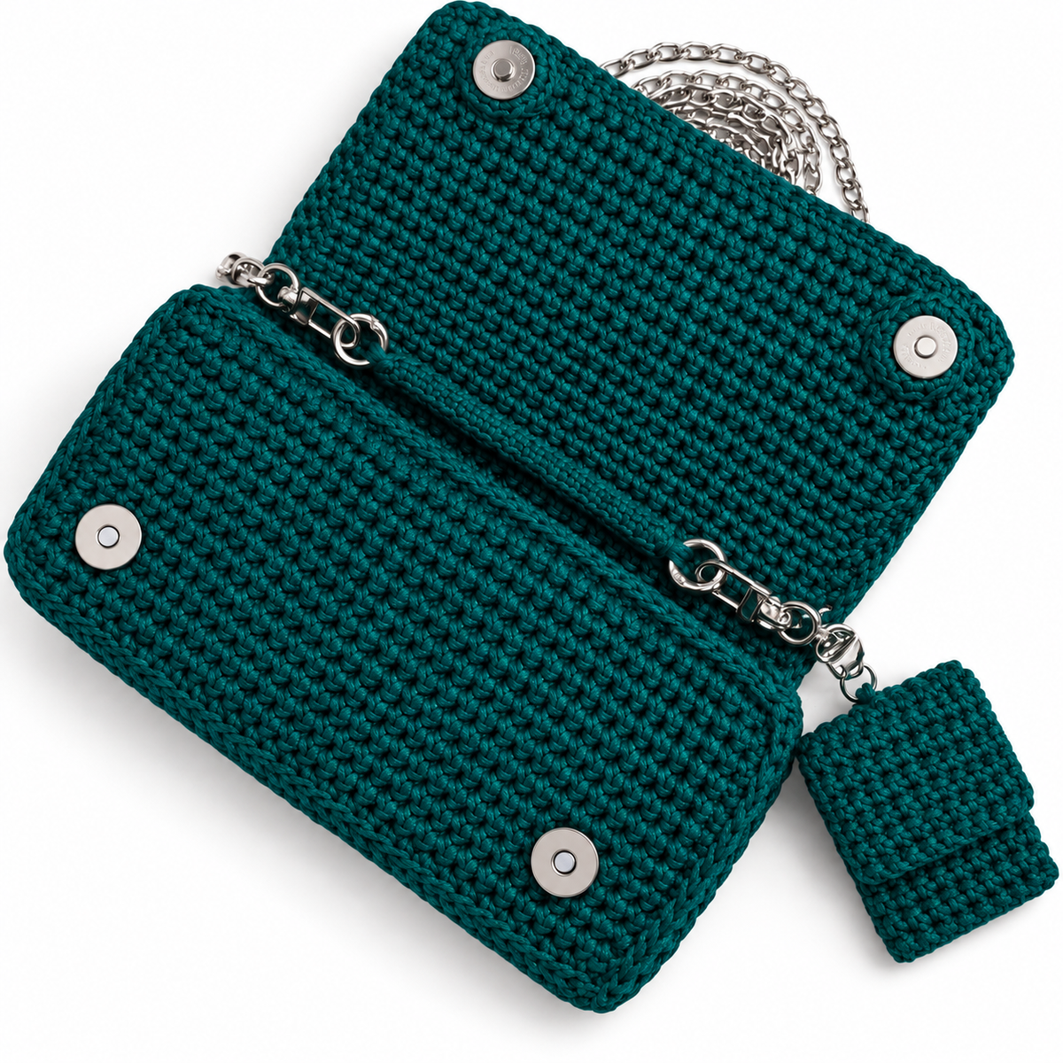 Borsa Ava all'uncinetto color petrolio aperta con chiusura magnetica