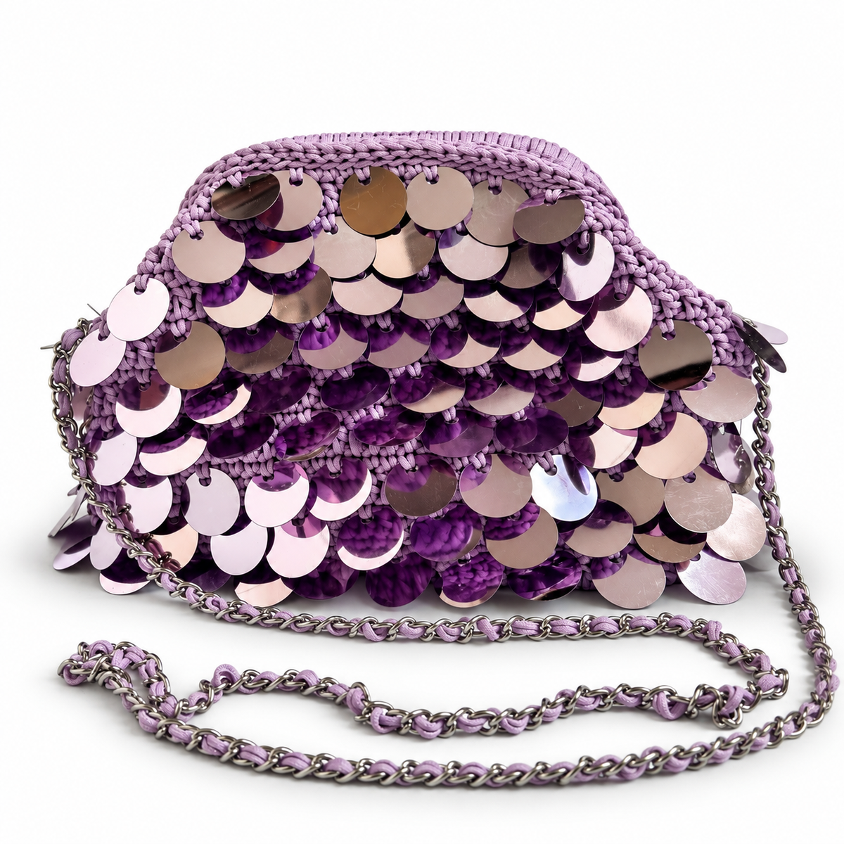 Cloe, borsa crochet lilla con paillettes, vista frontale