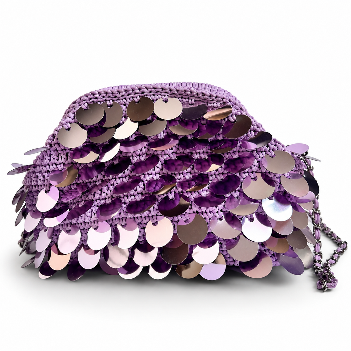 Cloe, borsa crochet lilla con paillettes e tracolla a catena