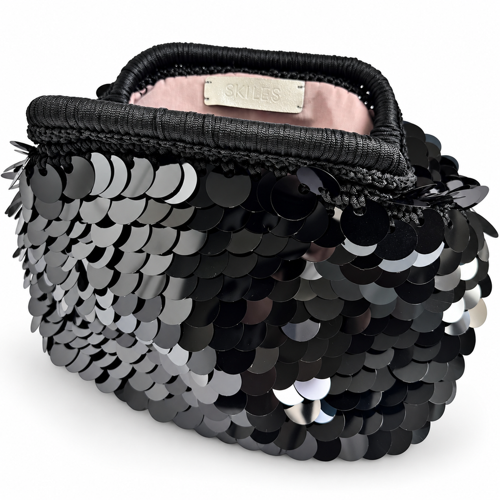 Borsa crochet Cloe nera con paillettes aperta, dettaglio interno