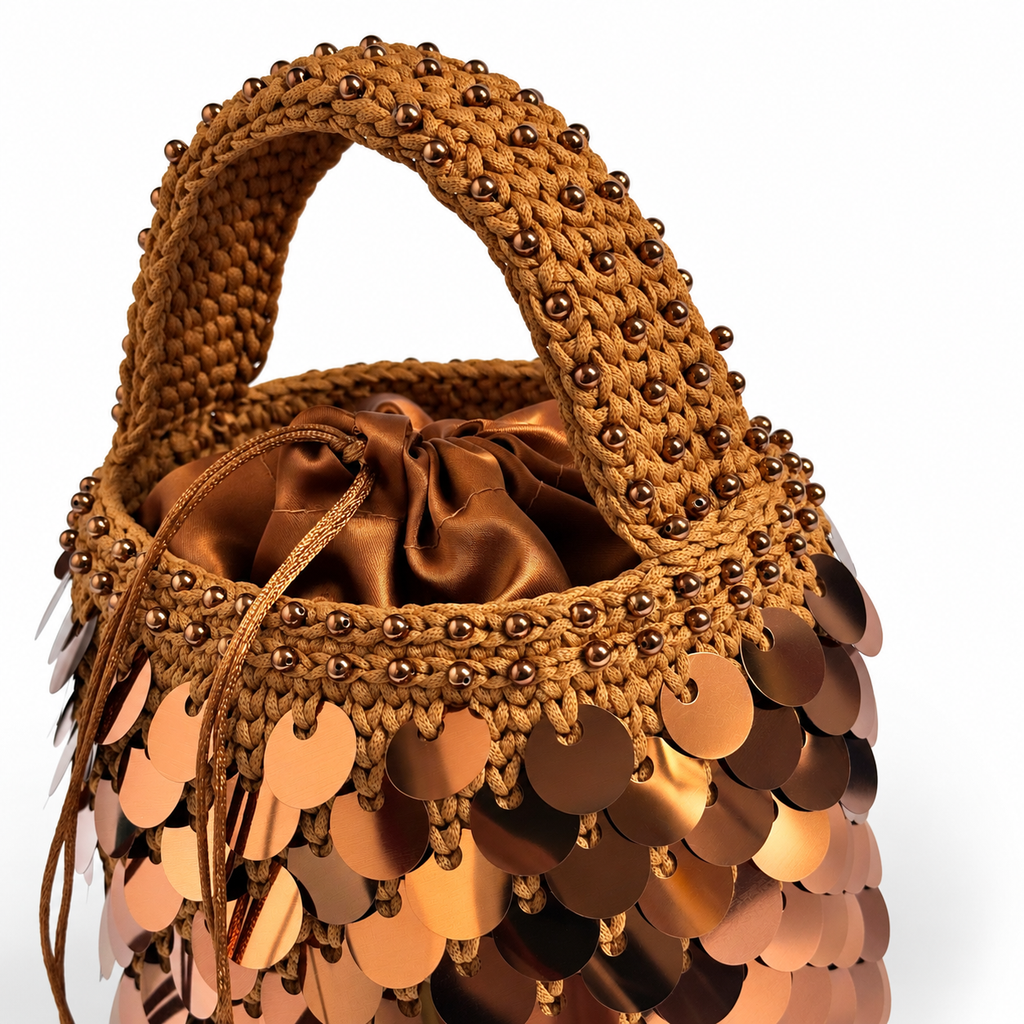 Dafne borsa crochet color bronzo con paillettes vista di tre quarti