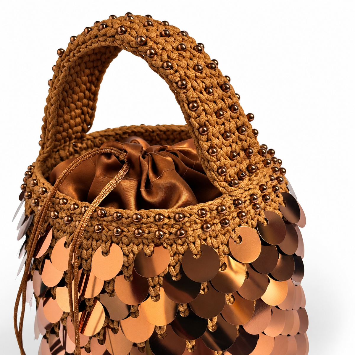 Dafne borsa crochet color bronzo con paillettes vista di tre quarti