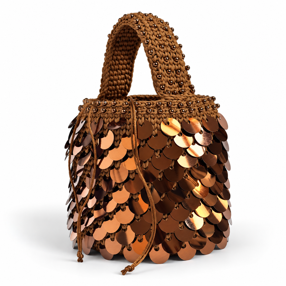 Dafne borsa a secchiello crochet con paillettes e perline color bronzo