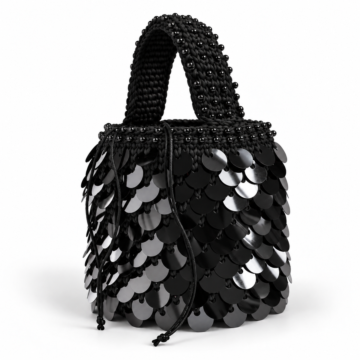 Dafne borsa a secchiello crochet nera con paillettes e perline nere