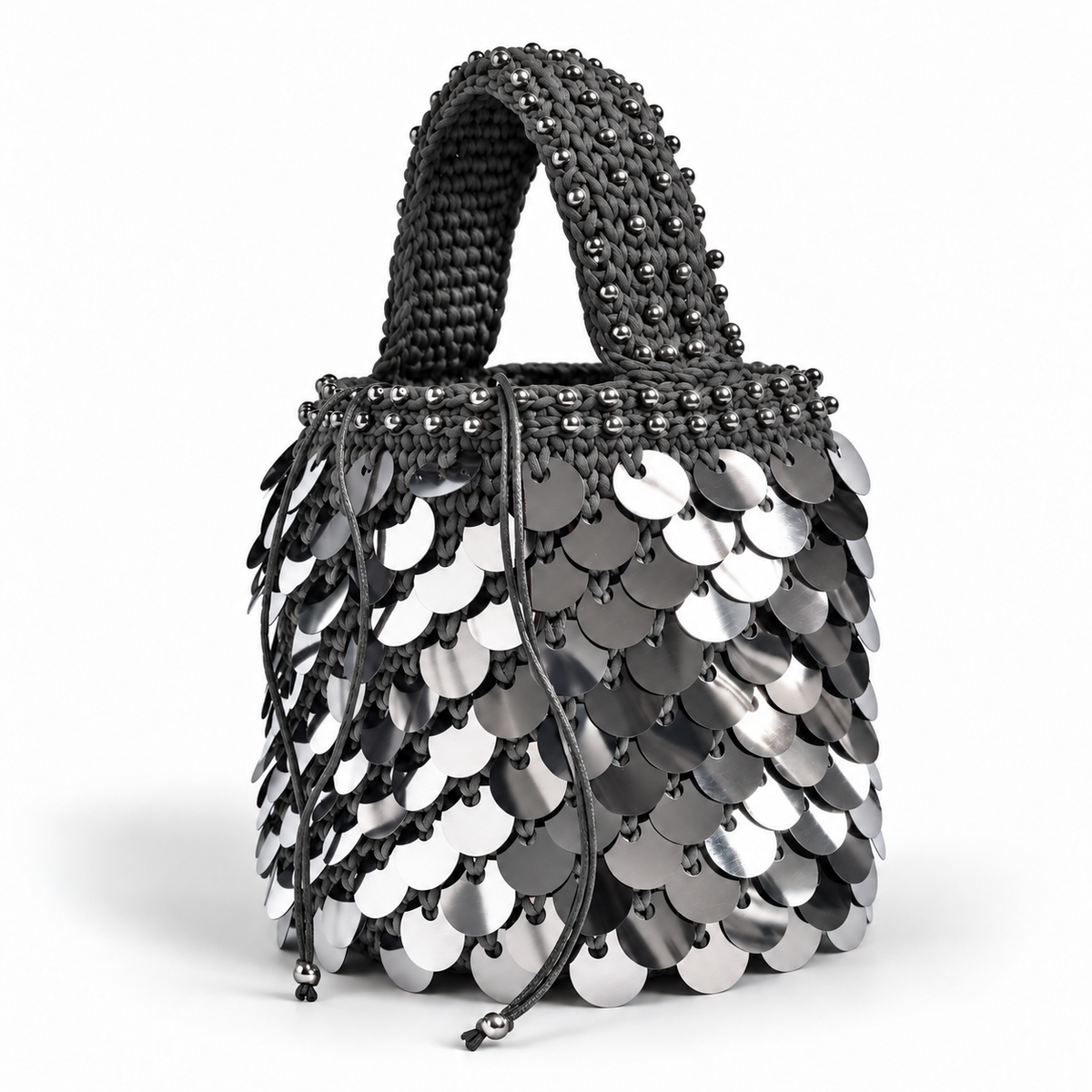Dafne borsa a secchiello crochet silver con paillettes e perline metalliche