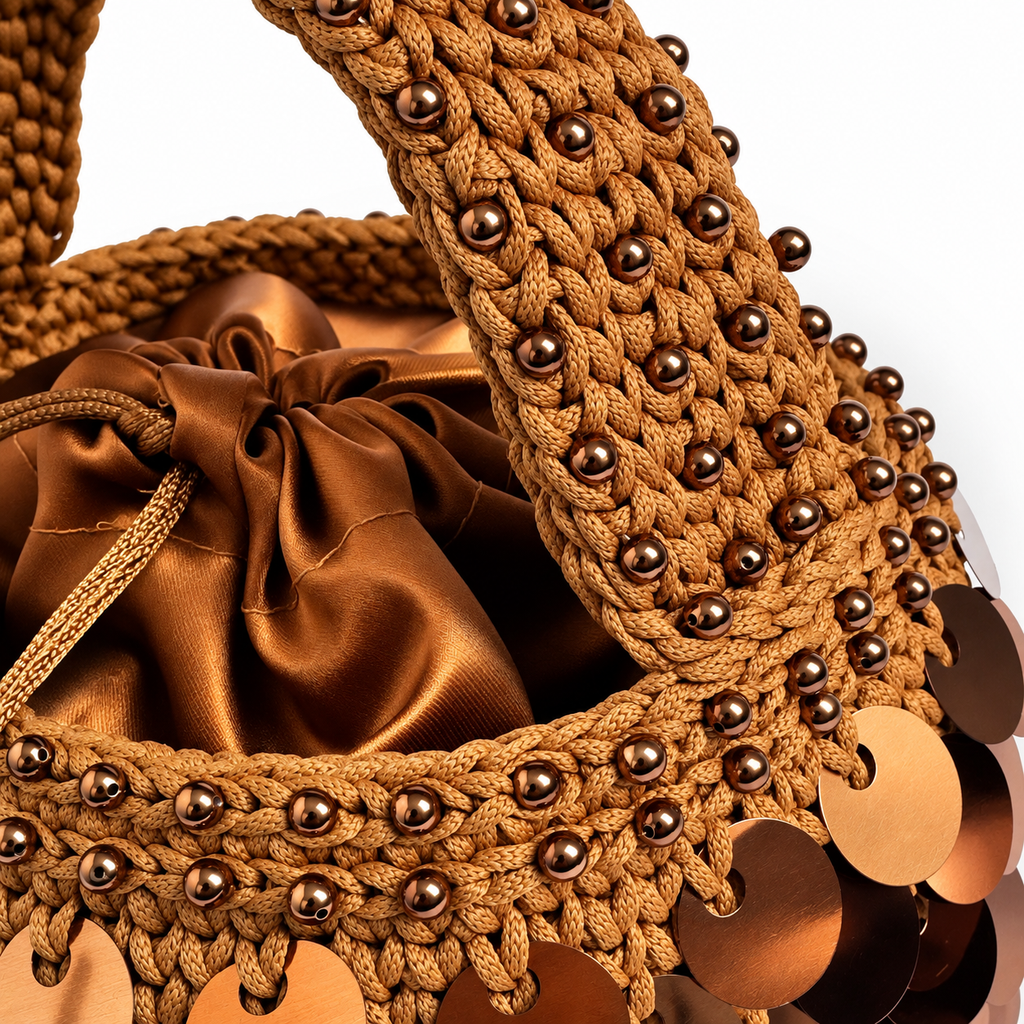 Dettaglio del manico crochet con perline e della coulisse in raso di Dafne