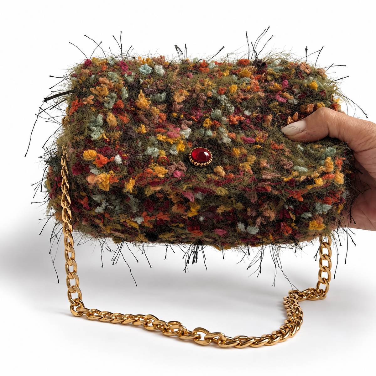 Borsa Elettra all’uncinetto tenuta a mano, con texture multicolore e catena dorata
