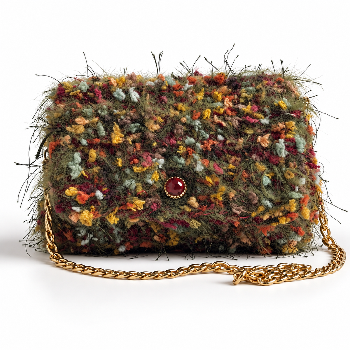 Elettra borsa a spalla all’uncinetto multicolore con cabochon rosso e catena dorata