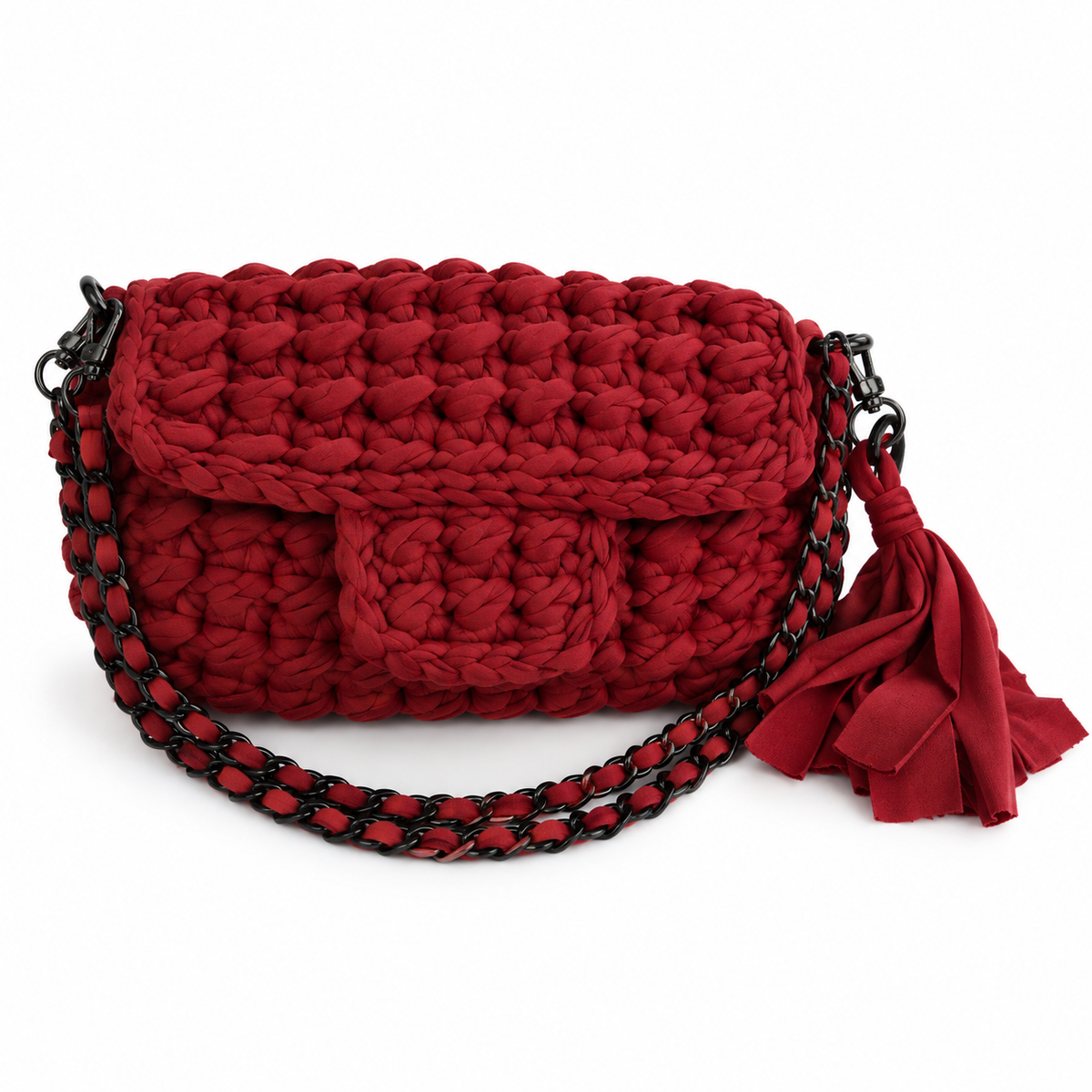 Ella Mini Bag crochet rosso vino con tracolla a catena e nappina
