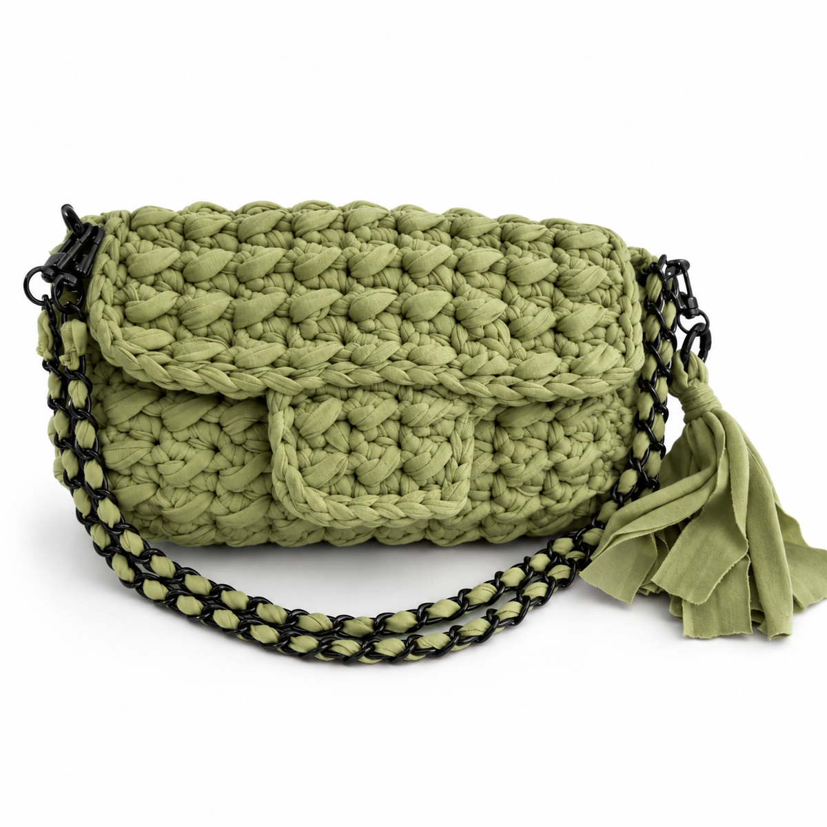 Ella Mini Bag crochet verde oliva con tracolla a catena e nappina