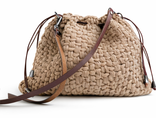 borsa uncinetto a sacchetto Eva beige con tracolla in cuoio