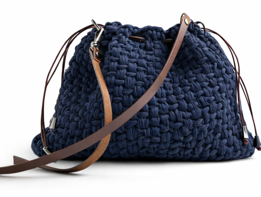 borsa uncinetto a sacchetto Eva blu con tracolla in cuoio