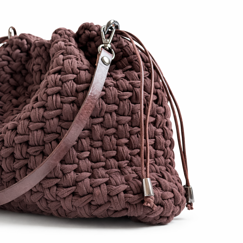borsa uncinetto a sacchetto Eva marrone dettaglio lavorazione e tracolla