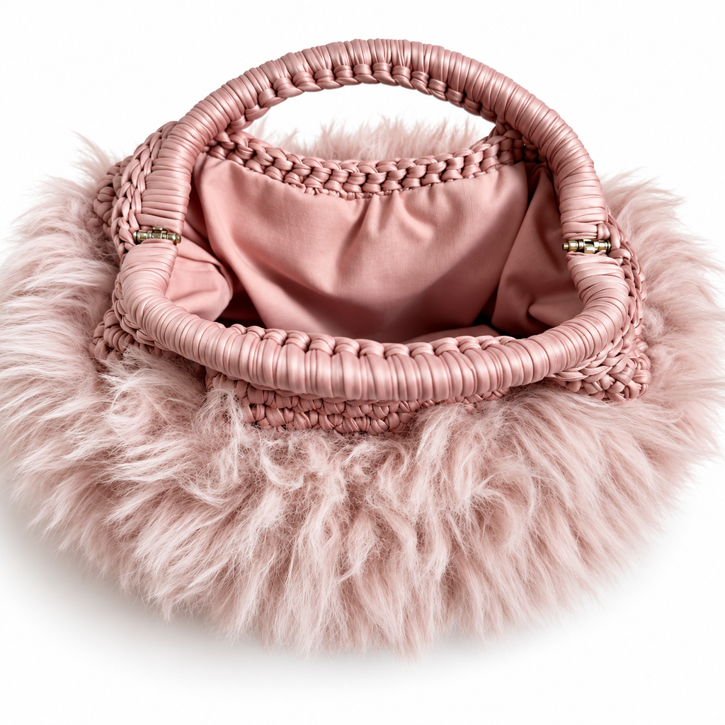 Vista interna della clutch Greta rosa con fodera e chiusura a molla in alluminio rivestita