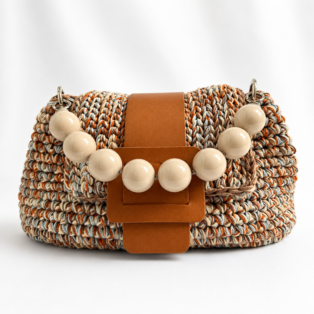 Vista frontale della borsa crochet Kia cuoio chiaro con manico di perle.