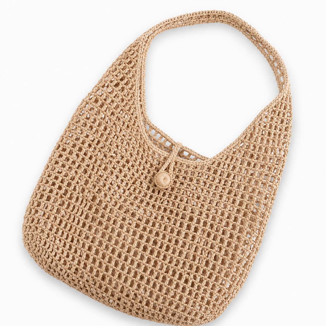 Maris, borsa artigianale in rafia beige realizzata a mano all'uncinetto con pochette coordinata.