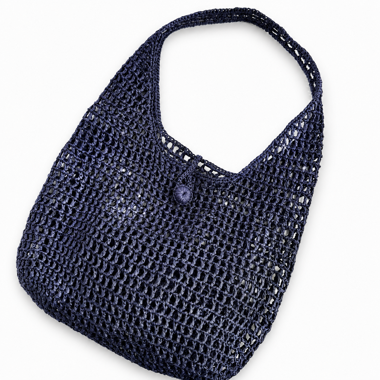 Maris, borsa artigianale in rafia blu realizzata a mano all'uncinetto con pochette coordinata.