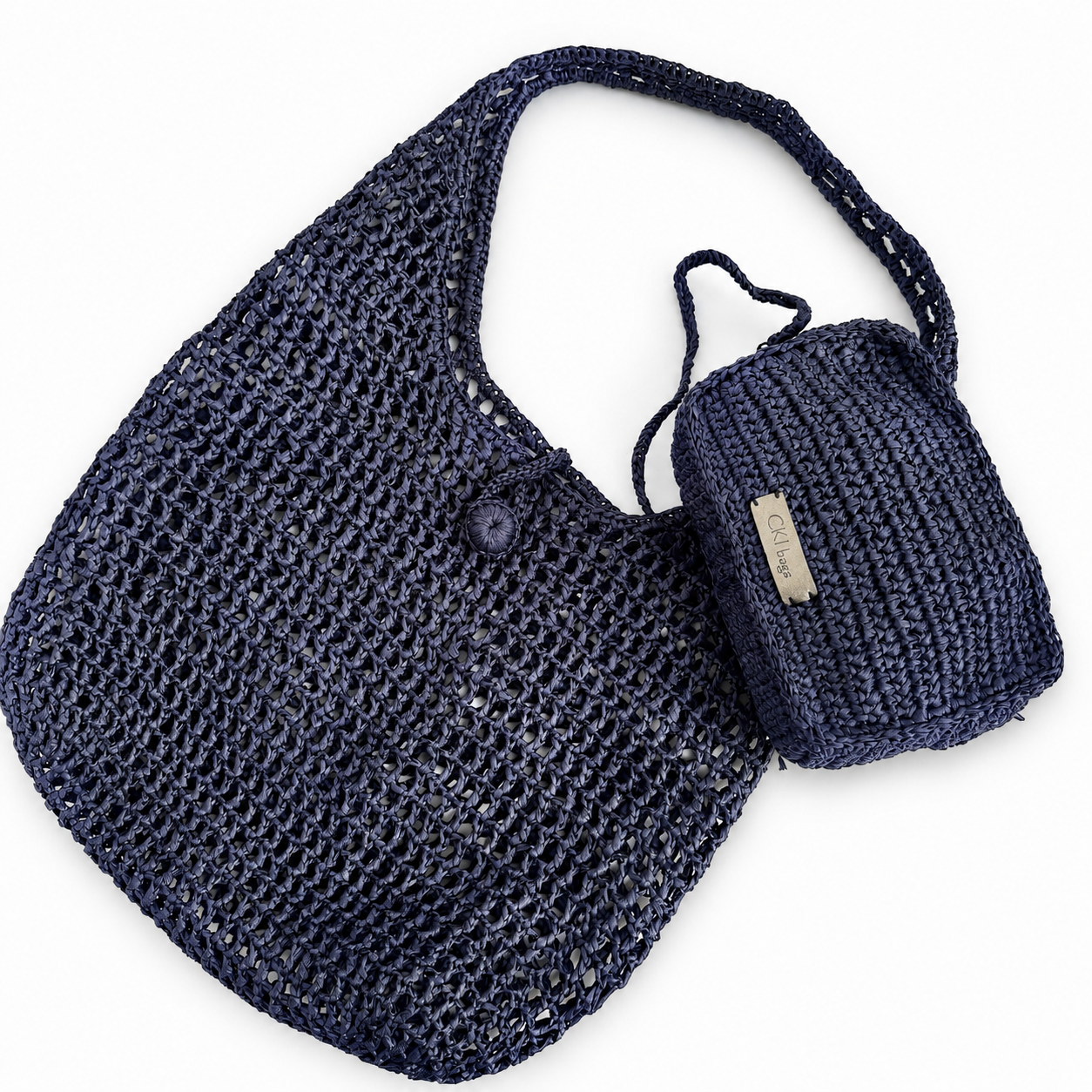 Borsa Maris in rafia blu con pochette coordinata removibile.