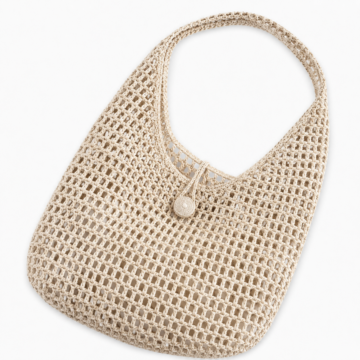 Maris, borsa artigianale in rafia crema realizzata a mano all'uncinetto con pochette coordinata.