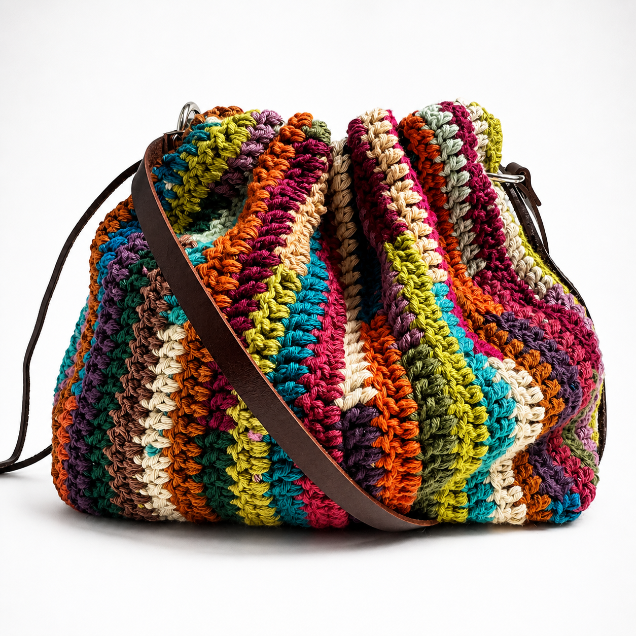 Borsa a sacchetto multicolor artigianale con coulisse e tracolla in cuoio su sfondo bianco