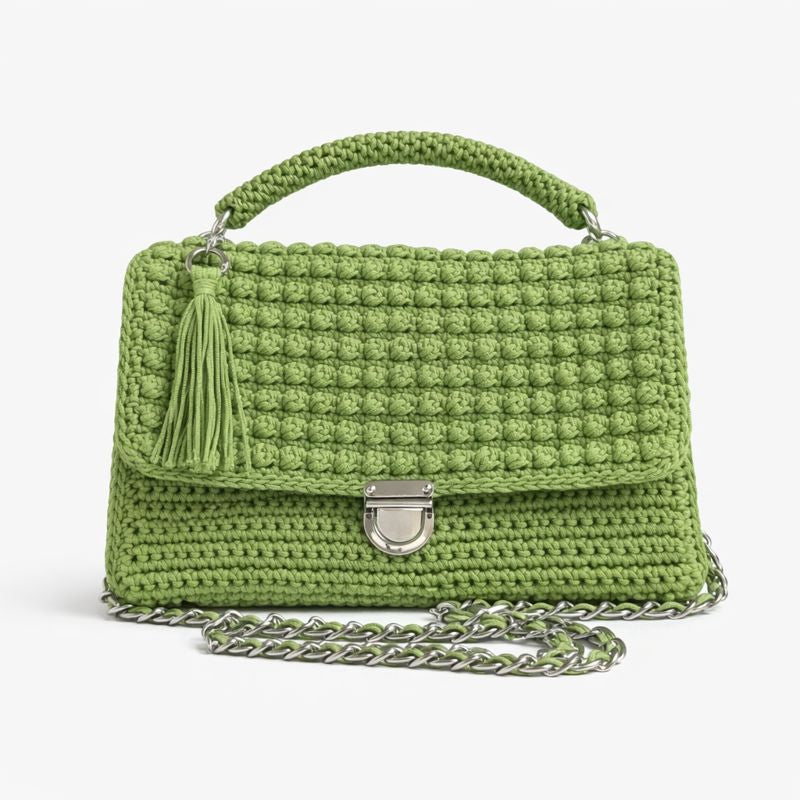 borsa uncinetto cartella Mina verde con catena vista frontale