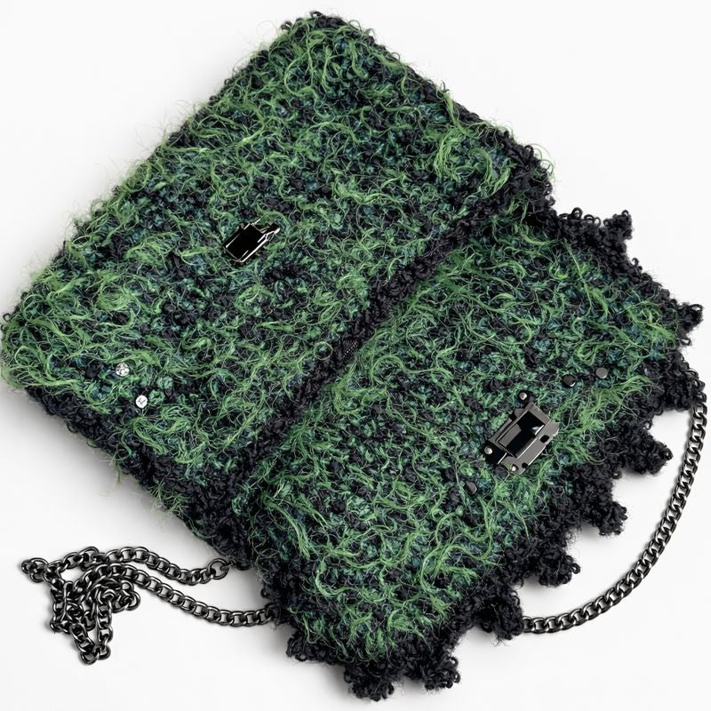 borsa uncinetto Nina verde nero a patta vista aperta