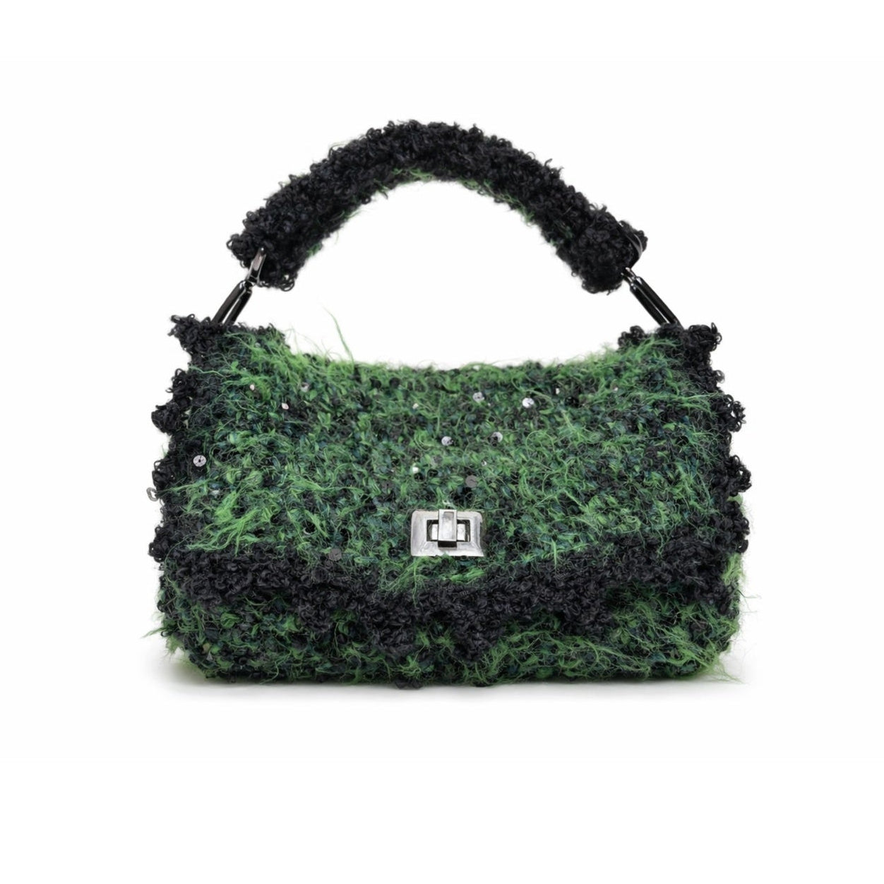 borsa uncinetto Nina verde nero a patta texture bouclé