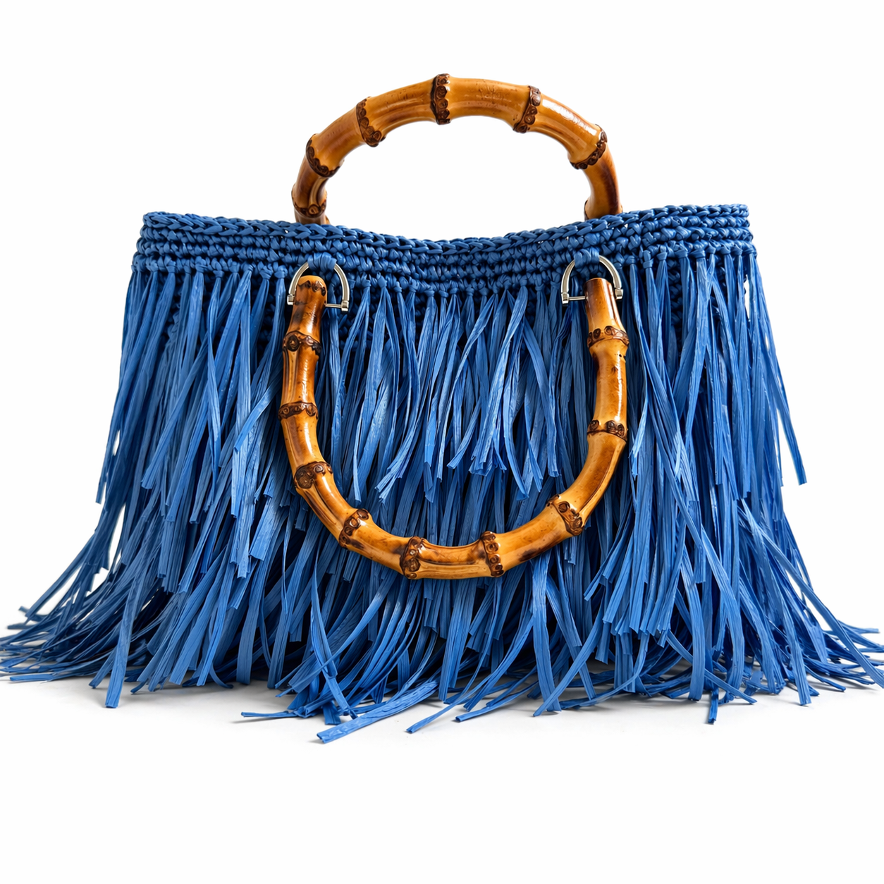 borsa rafia Noa con frange e manici in bambù blu royal