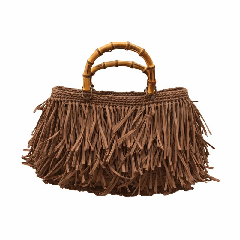 borsa rafia Noa cioccolato con frange