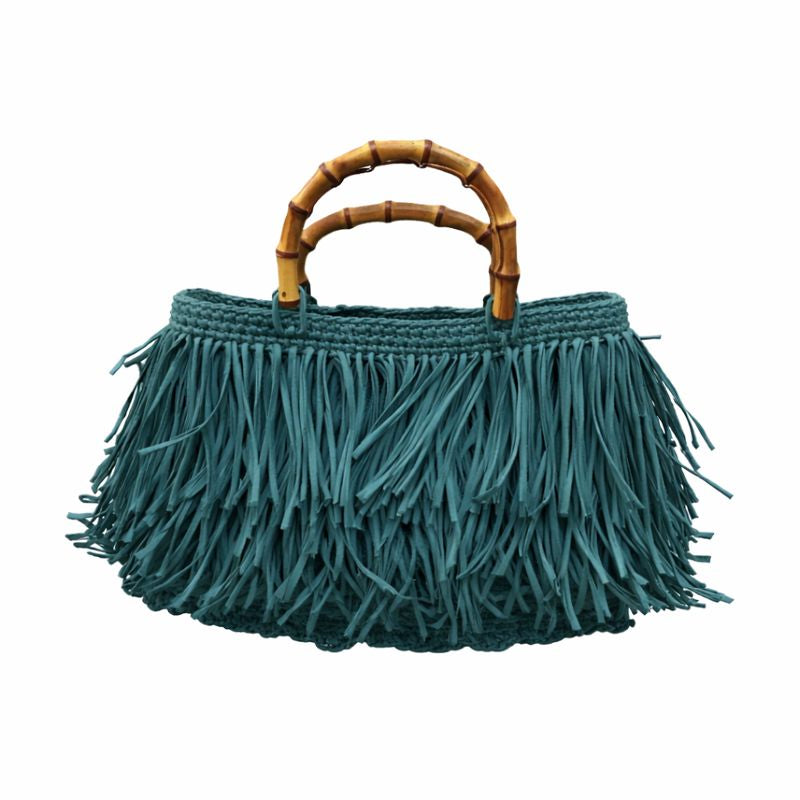 borsa rafia Noa verde minerale con frange