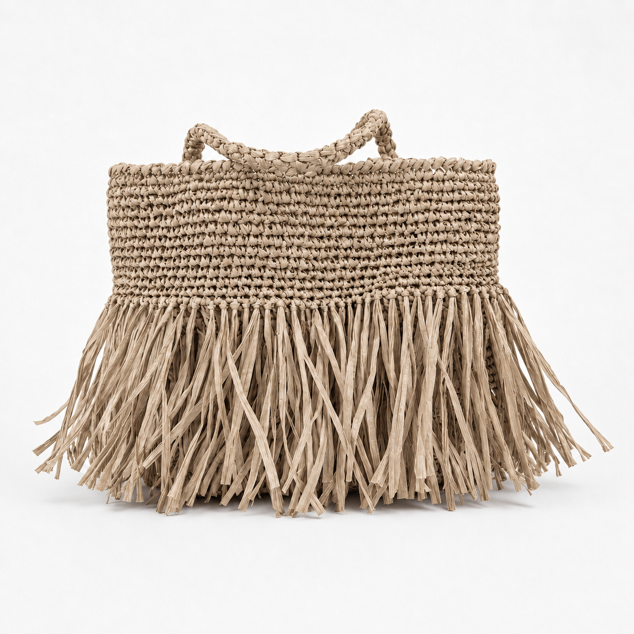Borsa in rafia beige sabbia con frange artigianale Made in Italy
