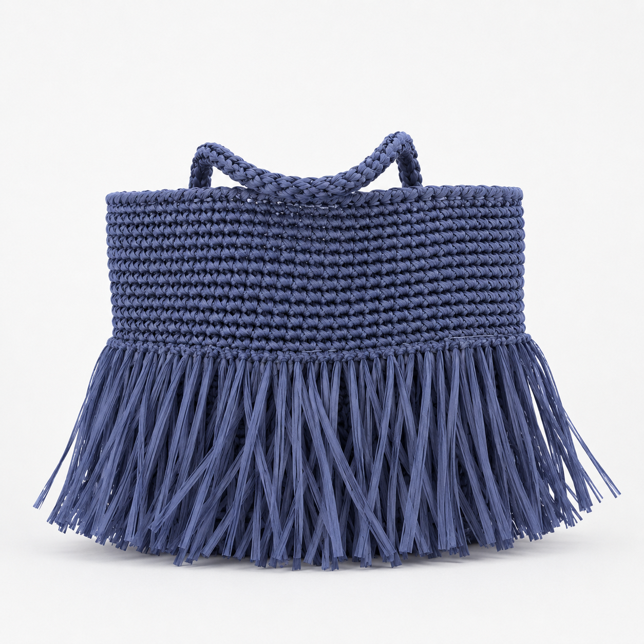 Borsa in rafia blu  con frange realizzata a mano