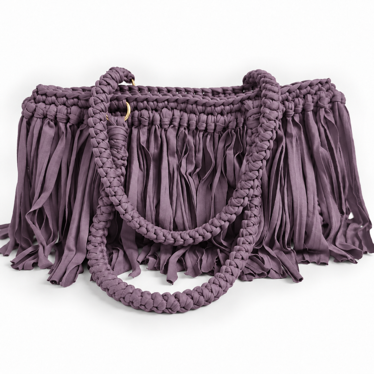 Borsa Sienna all'uncinetto color malva con lunghe frange e manici intrecciati