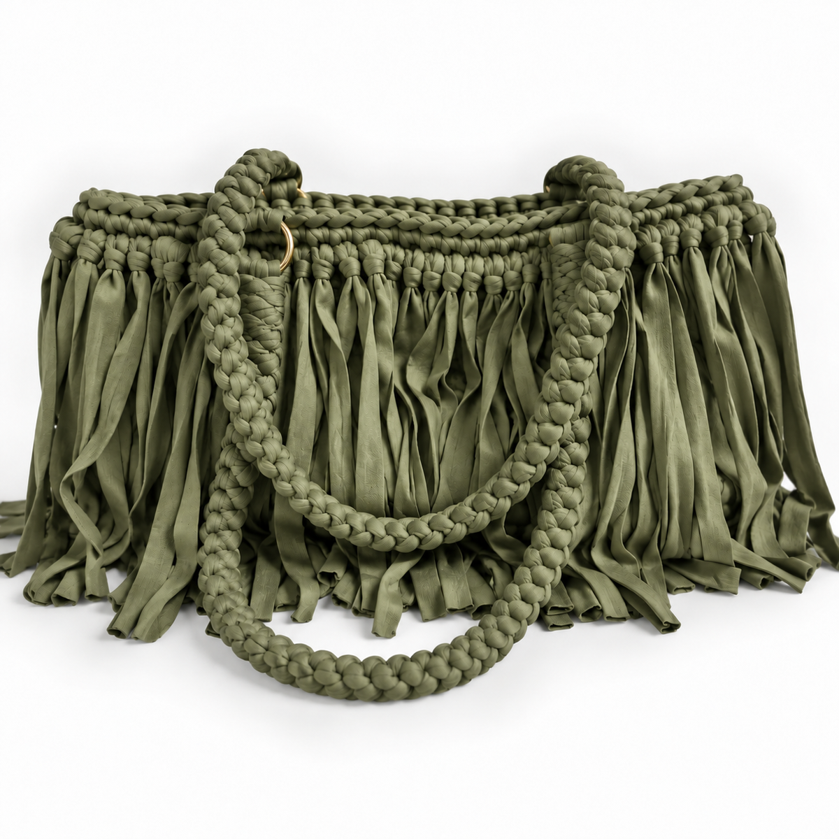 Borsa Sienna all'uncinetto verde oliva con lunghe frange e manici intrecciati