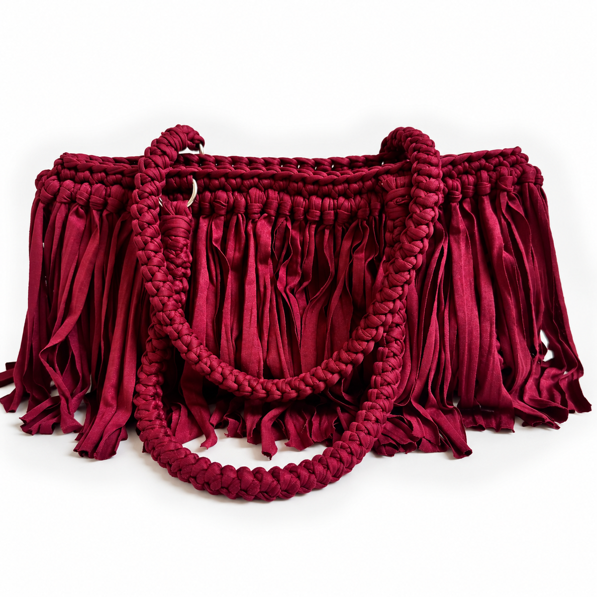 Borsa Sienna all'uncinetto rosso vino con lunghe frange e manici intrecciati
